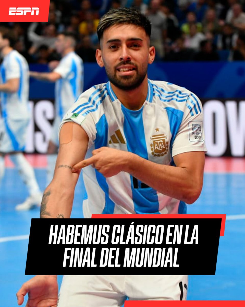 ESPNArgentina's tweet photo. ¡UNA NUEVA CITA CON LA HISTORIA 💪🏼! La Selección #Argentina 🇦🇷 de futsal derrotó 3-2 a Francia 👀 y se medirá ante su eterno rival #Brasil 🇧🇷 en la gran final de la Copa del Mundo de #Uzbekistán2024 🇺🇿.

🔥 El pentacampeón contra el que jugó las últimas dos finales del certamen. https://t.co/oR5e5xoRhk