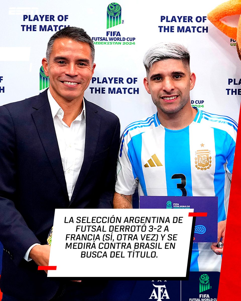 ESPNArgentina's tweet photo. ¡UNA NUEVA CITA CON LA HISTORIA 💪🏼! La Selección #Argentina 🇦🇷 de futsal derrotó 3-2 a Francia 👀 y se medirá ante su eterno rival #Brasil 🇧🇷 en la gran final de la Copa del Mundo de #Uzbekistán2024 🇺🇿.

🔥 El pentacampeón contra el que jugó las últimas dos finales del certamen. https://t.co/oR5e5xoRhk