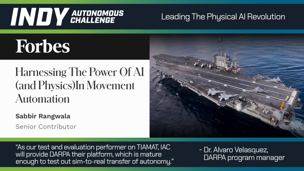 Check out this <a href="/Forbes/">Forbes</a> article about the <a href="/IndyAChallenge/">Indy Autonomous Challenge</a> leading the physical AI revolution and being selected by <a href="/DARPA/">DARPA</a> as a Test &amp; Evaluation (T&amp;E) partner for TIAMAT. 
Read more ⬇️
forbes.com/sites/sabbirra…