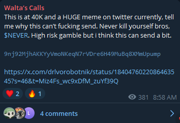 Walta61's tweet photo. Called a 11X today on the timeline and in my call channel, 40K to 440K+ MC on $NEVER. Giving away 0.5 SOL to 2 people, just follow instructions below.

- Like, retweet, and follow @walta61 
- Join https://t.co/gpTOJFQWbe
- Comment Wallet Address https://t.co/iYxUT5UAyE