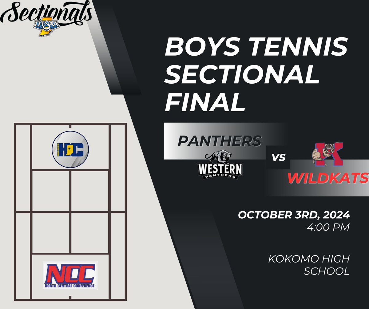 🎾Boys Tennis🎾
<a href="/TennisWestern/">Western Tennis</a> 

Do not miss out on an opportunity to cheer on our tennis boys tonight as they play for a Sectional Title at Kokomo High School 

🏆Sectional Final🏆
🆚 Kokomo High School
⏰ 4:00pm
📍 Kokomo High School