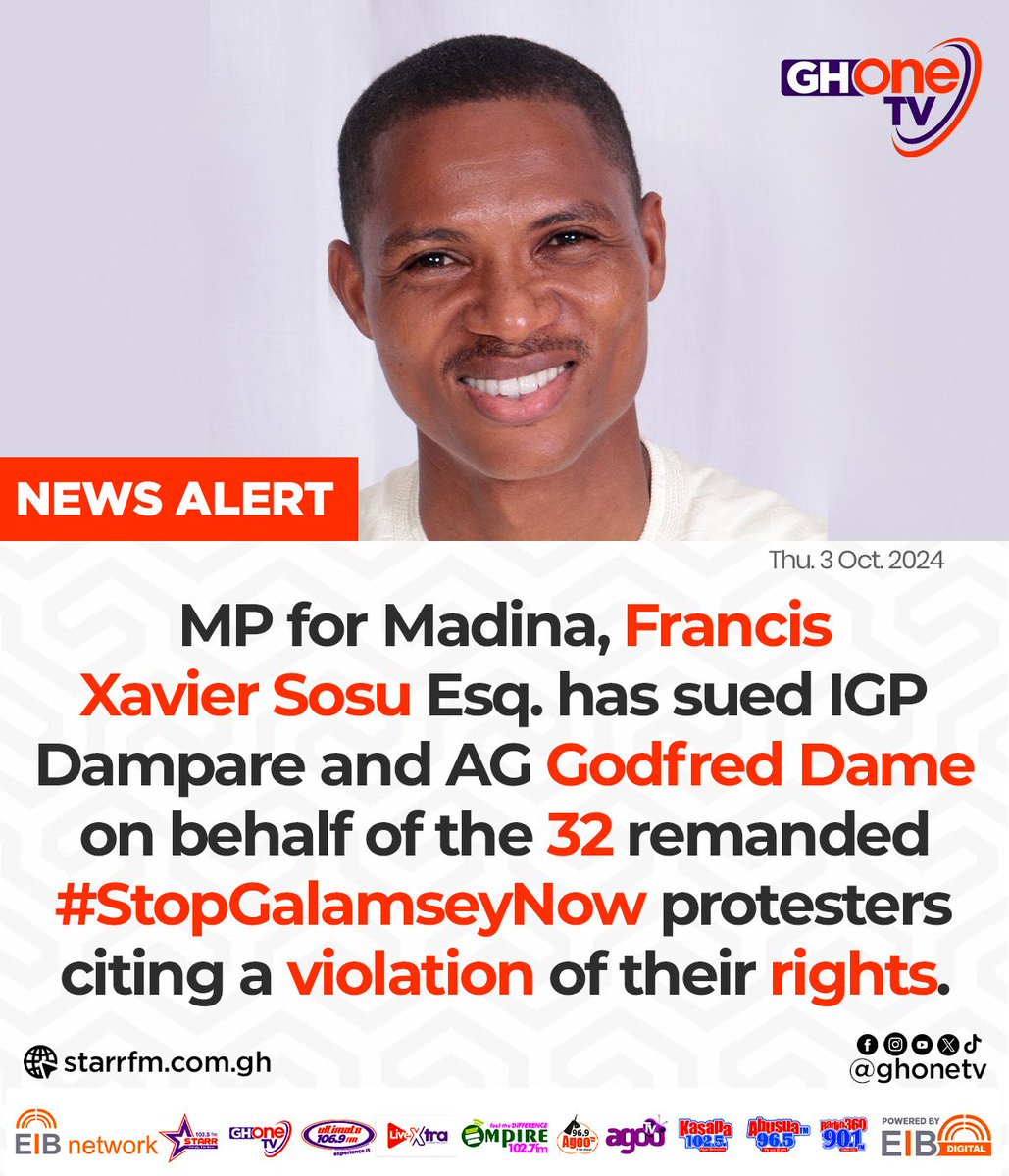 Madina MP, Francis Xavier Sosu drags the IGP and Attorney-General to the Human Rights Court over violation of rights of 32 remanded #StopGalamseyNow protestors... 

#GHOneNews #EIBNetwork #NPP  
#GHOneTV #ElectionHub #NDC 
#FreetheCitizens