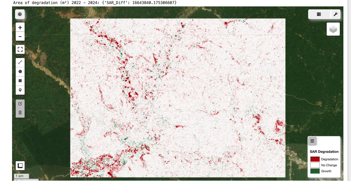 aboh_bright's tweet image. In this project, I track and calculate the area of land degraded by illegal mining activities. Between 2022 -  2024, an area of 16.64 km² was degraded(color in red). 
#GeospatialScience #SAR #LandDegradation #IllegalMining #EnvironmentalProtection #DataScience #StopGalamseyNow