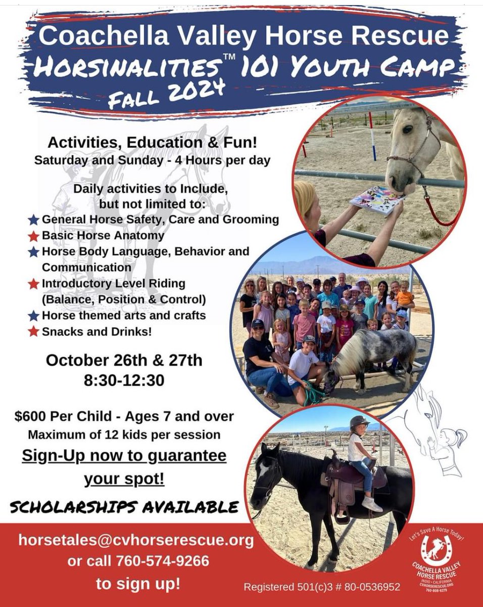 Coachella Valley Horse Rescue has a couple great opportunities to help rescue, rehabilitate and re-home horses in need! The 2nd Annual “Raising Hay” Fundraiser on Saturday, November 16, 2024 and the Horsinalities™ 101 Youth Camp, October 26 – 27, 2024. Let’s Save a Horse Today!