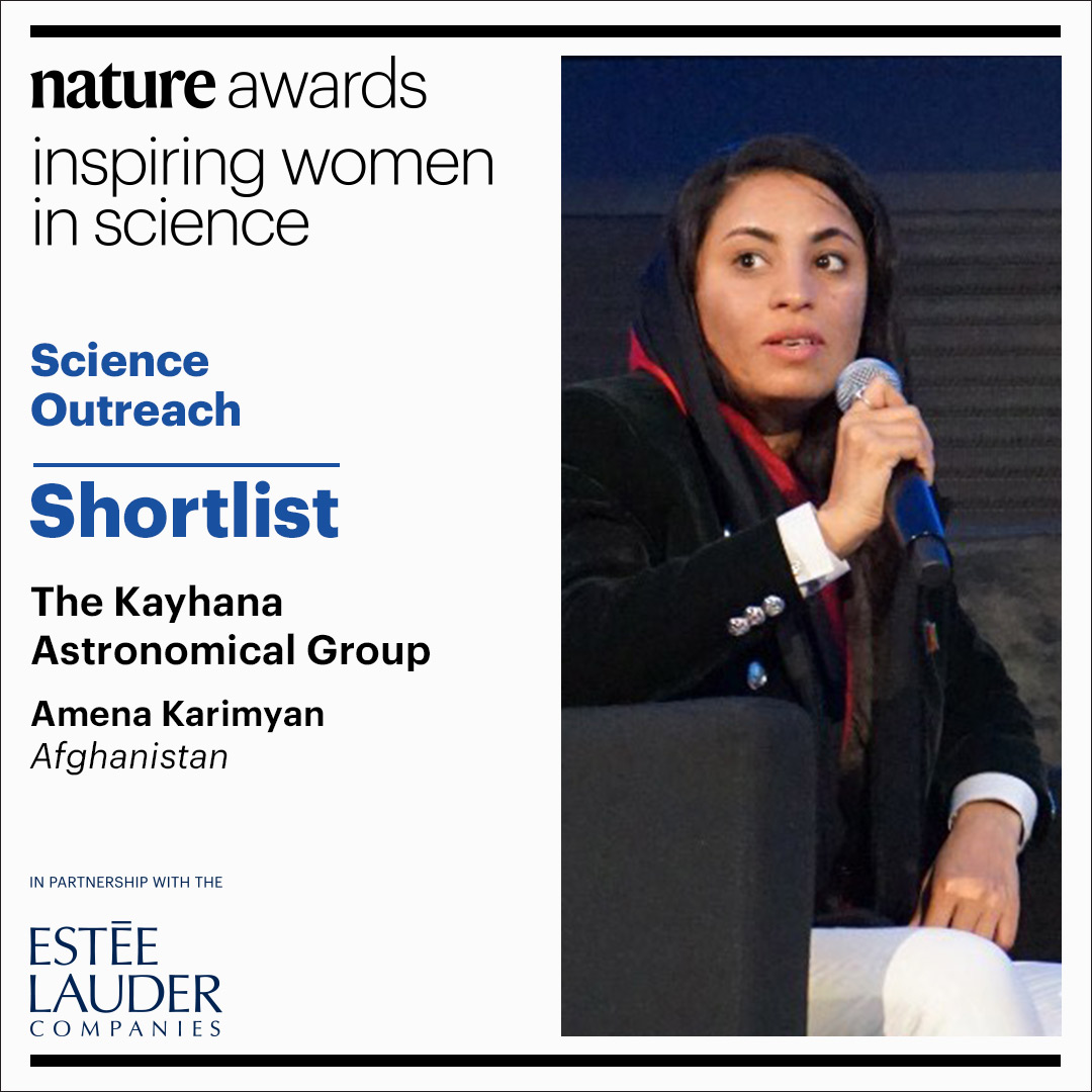 Kayhana Astronomical Group, led by Afghanistan’s first female astronomer <a href="/AmenaKarimyan/">Amena Karimyan</a>, promotes astronomy education for Afghan girls. We’re excited to see them shortlisted for the #InspiringWomenInScience Award! Read more: go.nature.com/4dsmLp0