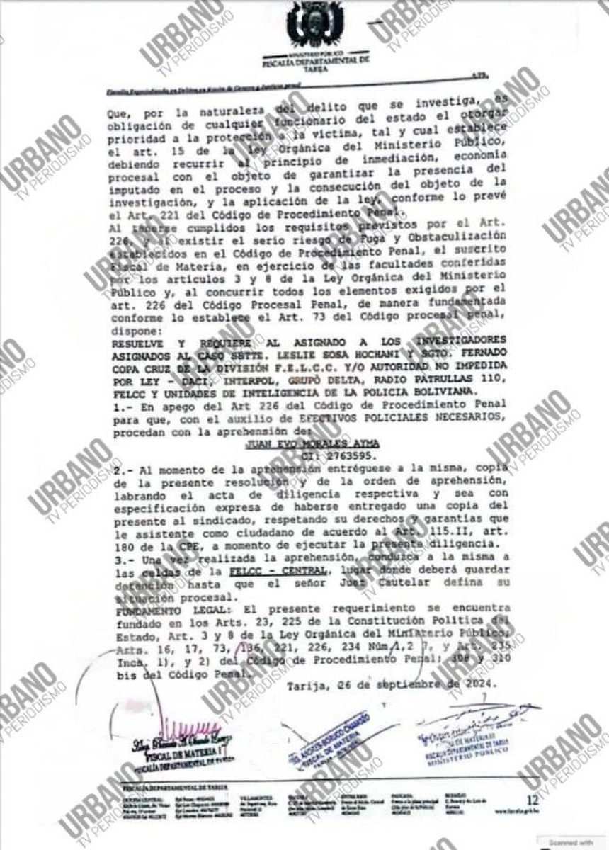 UHN_Plus's tweet photo. 🇧🇴 | ÚLTIMA HORA

La Fiscalía de Bolivia ha emitido una orden de captura contra el ex presidente socialista Evo Morales, por graves acusaciones de trata y tráfico de personas. 

La denuncia proviene de una menor de 15 años, quien habría tenido una relación con Morales, resultando en un embarazo. 

Los documentos filtrados de la Fiscalía de Tarija revelan detalles estremecedores, señalando que Morales utilizaba su influencia para organizar una "guardia juvenil" con adolescentes de entre 14 y 15 años, aprovechándose de su vulnerabilidad para obtener beneficios políticos y personales.

Este escándalo ha desatado una fuerte repercusión en Bolivia e internacionalmente, poniendo en evidencia una posible red de abuso bajo el liderazgo de Morales durante su mandato. El impacto de estas acusaciones trasciende las fronteras bolivianas, provocando un intenso debate sobre los derechos humanos y el abuso de poder.