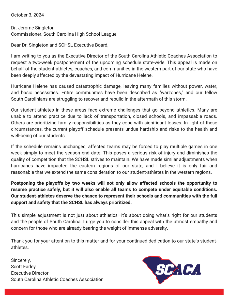 An open letter to the South Carolina High School League: <a href="/SCHSL/">SCHSL</a>