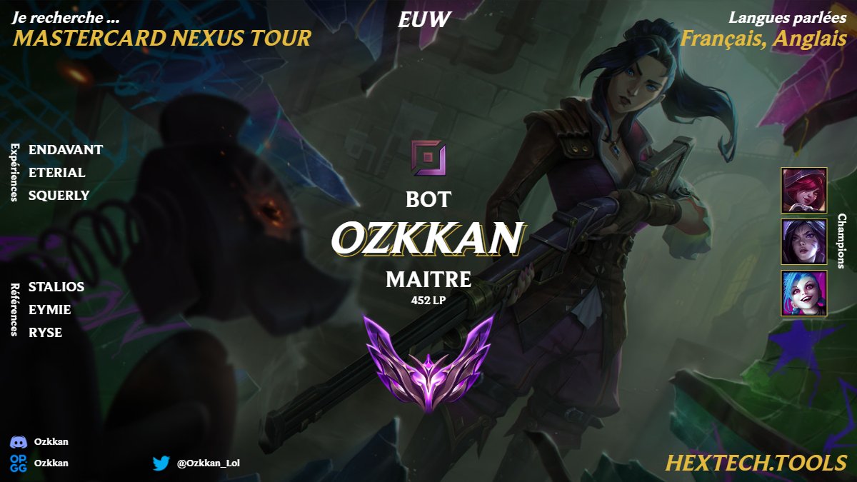 Salut ! Après une petite pause, je reprends du service pour la nouvelle saison du mnt ! Je suis lft au poste d'adc en duo avec mon support <a href="/Mel2_Lol/">Mel2</a>. Plusieurs 4/2 à notre actif on cherche un environnement pour se développer et évoluer. 

Mon discord: Ozkkan #2222