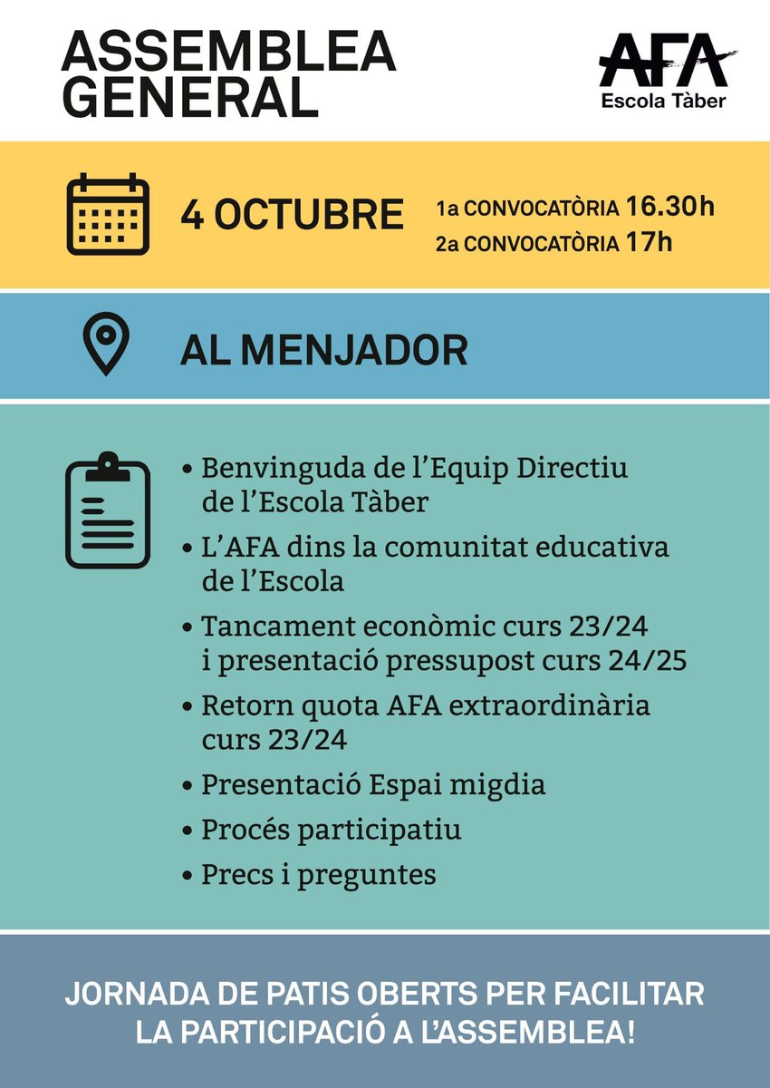 🔊demà assemblea general‼️
Hi haurà patis oberts per facilitar la participació!!! No hi faltis!!! L’AFA som tot@s!!!!