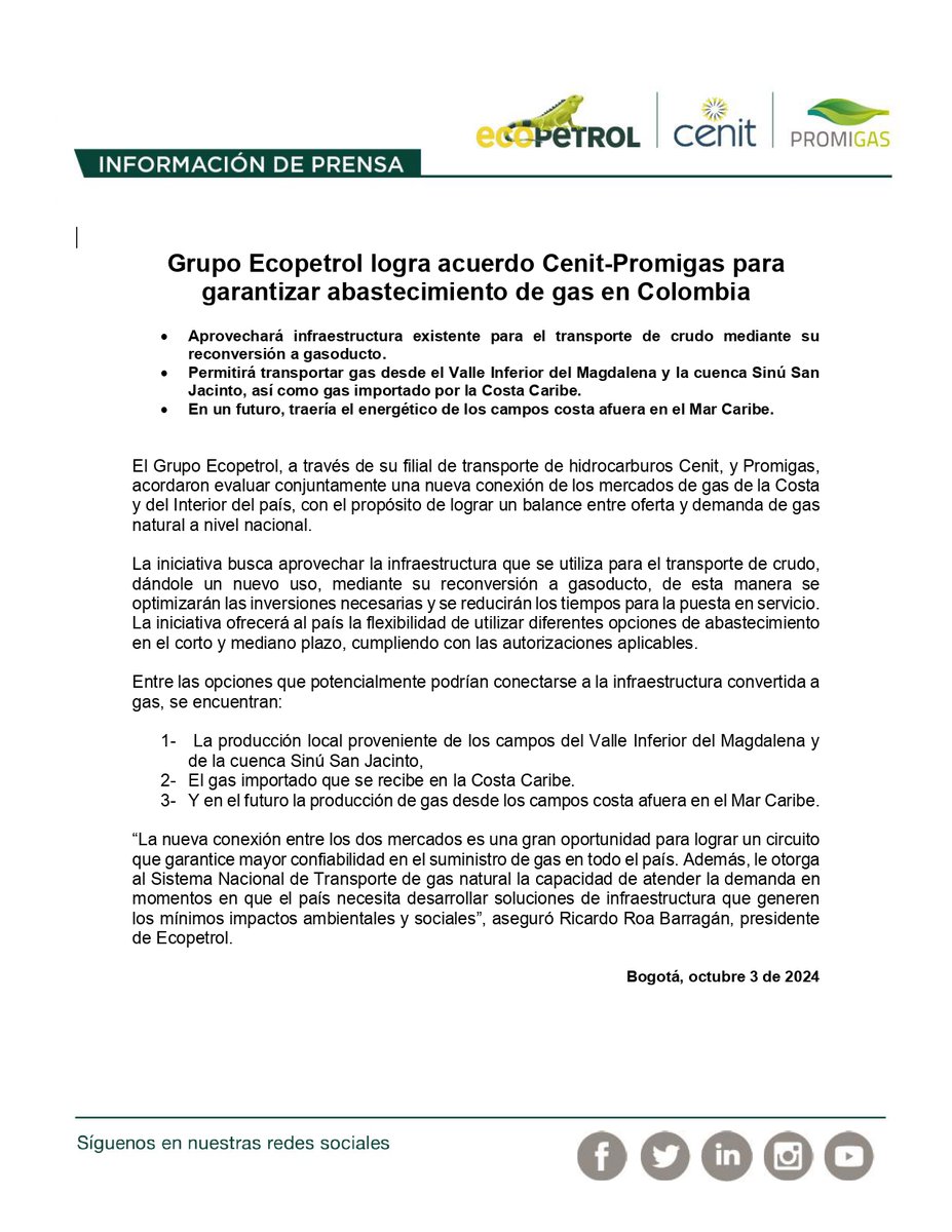 ECOPETROL_SA's tweet photo. #NoticiaDeInterés | Grupo Ecopetrol logra acuerdo Cenit-Promigas para garantizar abastecimiento de gas en Colombia https://t.co/ArmB40DM6y