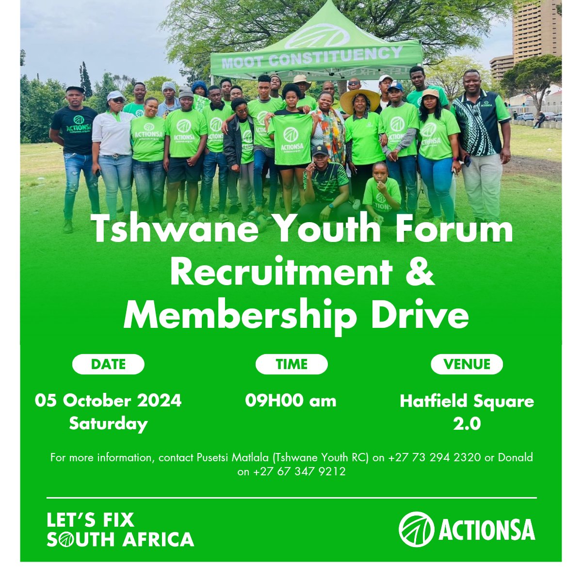TshwaneYac's tweet image. ActionSA Tshwane Youth Forum 
Recruitment and Membership Drive
Join us as we will be in Hatfield Square 2.0 this Saturday, 05th October 2024 at 09h00am.

#LetsFixTshwane