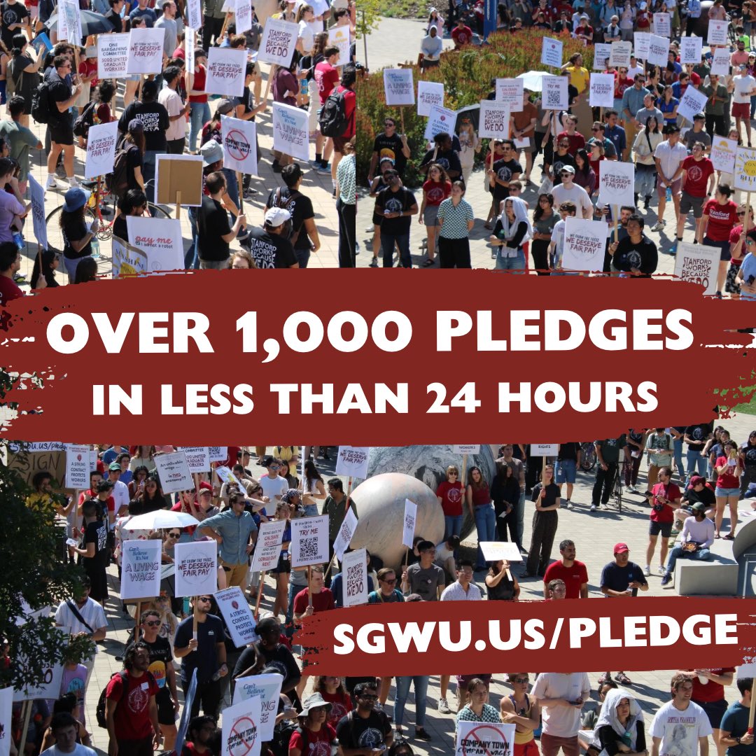 Over 1,000 pledges in less than 24 hours! Grad workers are pledging to strike for a living wage, better benefits, a real PhD funding guarantee, and protection against harassment, discrimination, bullying &amp; power abuse for all workers. Sign at SGWU.us/pledge #stanfordgwu