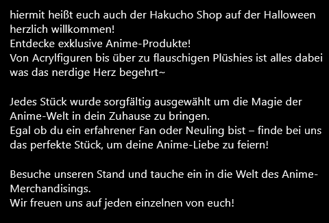 JACKT_Sachsen's tweet photo. Auch der Hakucho Shop ist dieses Jahr bei uns mit dabei!
#jackt #jacktsachsen #convention #cosplay #cosplayconvention #halloweenconvention #chemnitz https://t.co/lYwLNDvHo2