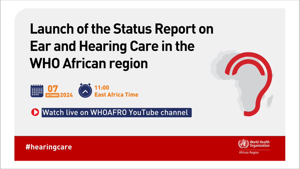 WHO African Region (@whoafro) on Twitter photo 📢 Join us for the launch of the Regional Ear and Hearing Care Report on 7th October 2024 at 11:00 EAT.
The report reveals Africa's burden of hearing loss and highlights progress in national care strategies.
Watch live on the <a href="/WHOAFRO/">WHO African Region</a> YouTube channel ➡️bit.ly/3ZMsyCz 📢 Join us for the launch of the Regional Ear and Hearing Care Report on 7th October 2024 at 11:00 EAT.
The report reveals Africa's burden of hearing loss and highlights progress in national care strategies.
Watch live on the <a href="/WHOAFRO/">WHO African Region</a> YouTube channel ➡️bit.ly/3ZMsyCz