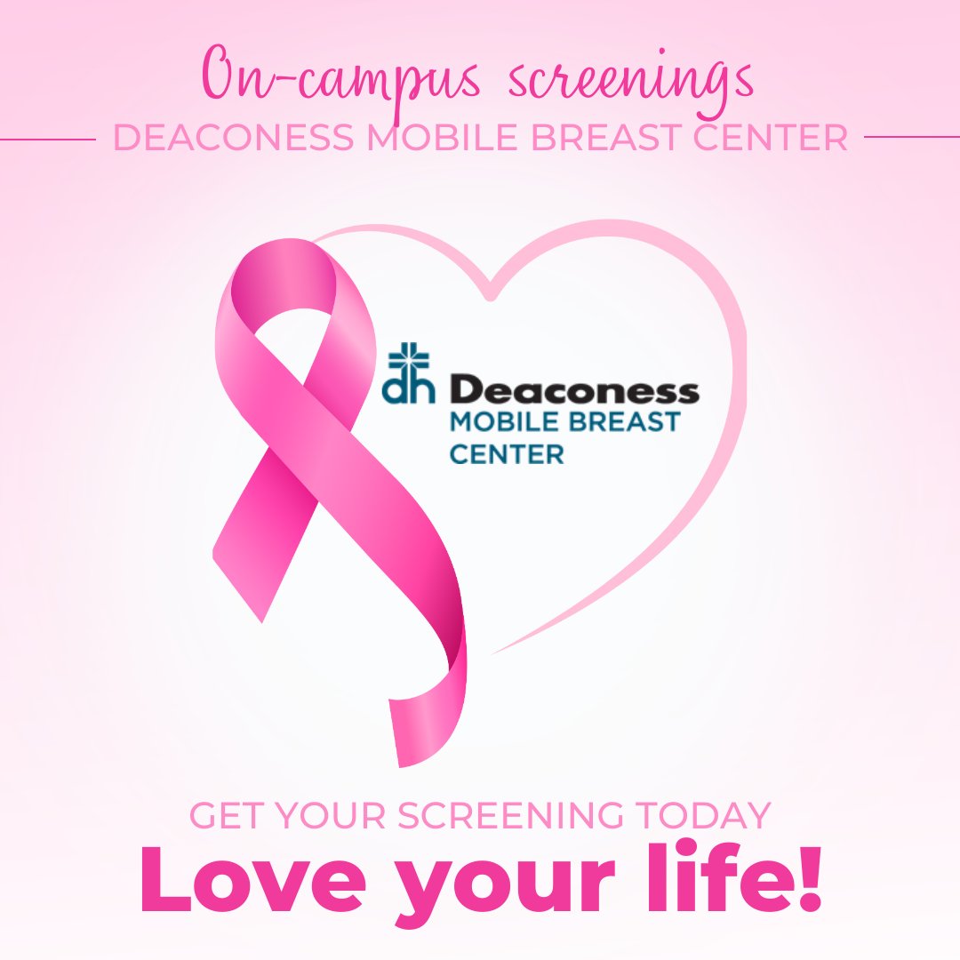 The Deaconess Mobile Breast Center will be on-campus October 11, 2024. They will be at Parking Lot I, which is located behind the Physical Plant Service Center. Please call 812-540-MAMM (6266) to schedule your appointment directly with Deaconess Breast Services.