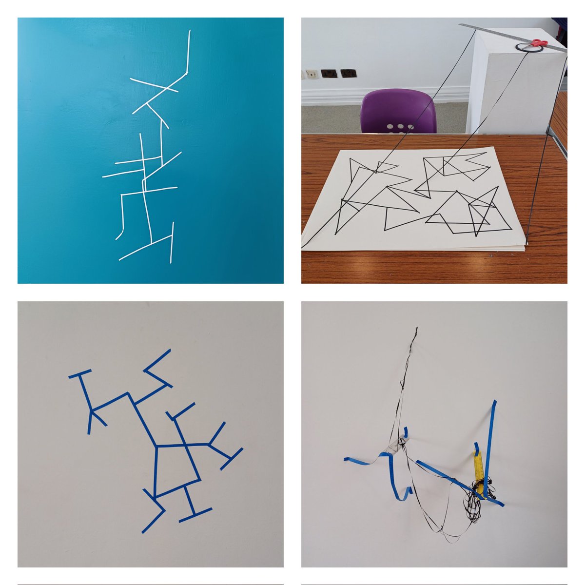 JoHatty's tweet image. Process Art @ArdsArts today. Class did series of blind timed exercises - with rules &amp;amp; parameters. Then inspired by Sol LeWitt made 50 random points on page &amp;amp; joined all points with lines, this evolved to using tape to draw with, then moving off the page #experimentalart