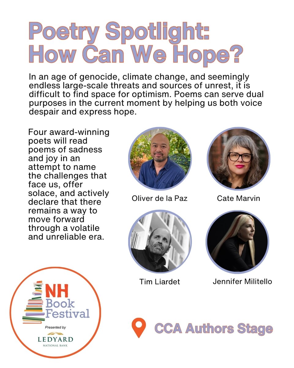 NH Book Festival (@nhbookfestival) on Twitter photo ๐ ๐ฃ๐ผ๐ฒ๐๐ฟ๐ ๐ฆ๐ฝ๐ผ๐๐น๐ถ๐ด๐ต๐: ๐๐ผ๐ ๐๐ฎ๐ป ๐ช๐ฒ ๐๐ผ๐ฝ๐ฒ?
Featuring: Tim Liardet (<a href="/TimLiardet/">Tim Liardet</a>), Cate Marvin (@CateMarvin), Jennifer Militello (<a href="/JenifrMilitello/">Jennifer Militello</a>), Oliver de la Paz (<a href="/Oliver_delaPaz/">Oliver de la Paz</a>)
๐ Location: Poetry Salon ๐ ๐ฃ๐ผ๐ฒ๐๐ฟ๐ ๐ฆ๐ฝ๐ผ๐๐น๐ถ๐ด๐ต๐: ๐๐ผ๐ ๐๐ฎ๐ป ๐ช๐ฒ ๐๐ผ๐ฝ๐ฒ?
Featuring: Tim Liardet (<a href="/TimLiardet/">Tim Liardet</a>), Cate Marvin (@CateMarvin), Jennifer Militello (<a href="/JenifrMilitello/">Jennifer Militello</a>), Oliver de la Paz (<a href="/Oliver_delaPaz/">Oliver de la Paz</a>)
๐ Location: Poetry Salon