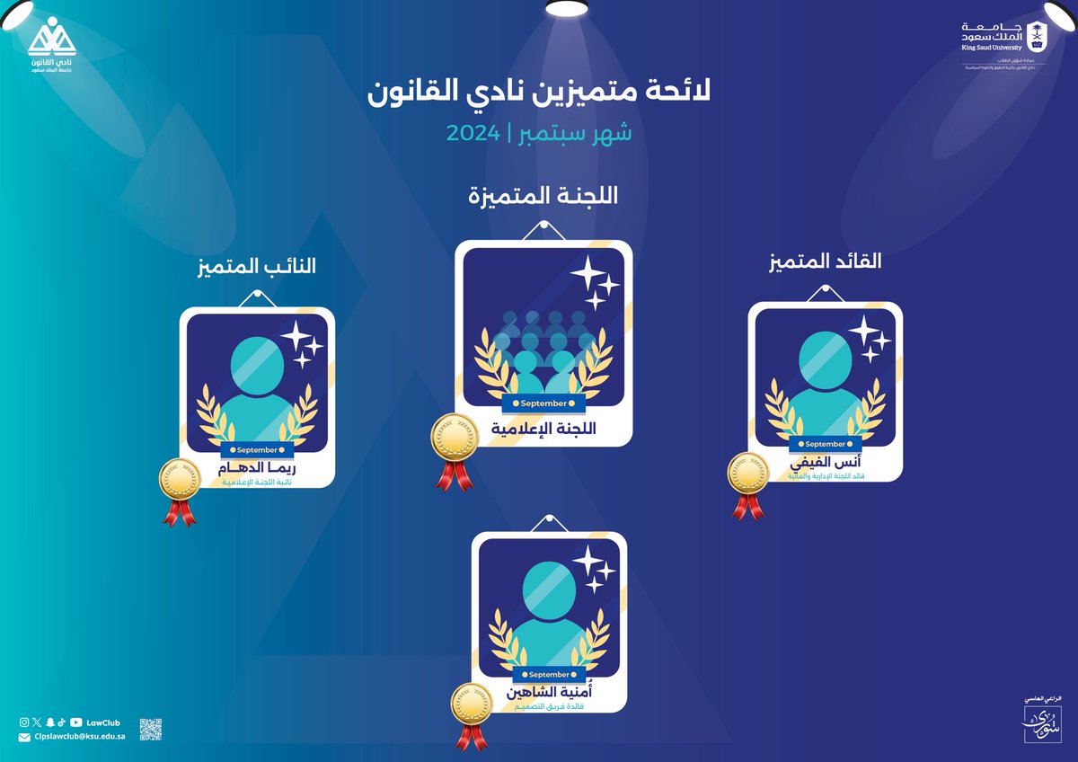 LawClub's tweet photo. "بالجدِّ يبلغُ راعيْ الجِد غايتهُ
ويصعدُ المجدَ مَن يستعذبِ الطِينا"✨

نَزُفُ أصْدَق التَهاني والتبريكاتِ لمُبدعي شهرِ " سبتمبر " المميزين الذينَ عَمِلوا بإخلاص للارتقاء بالنادي لآفاق السُحب 🎖️💫.