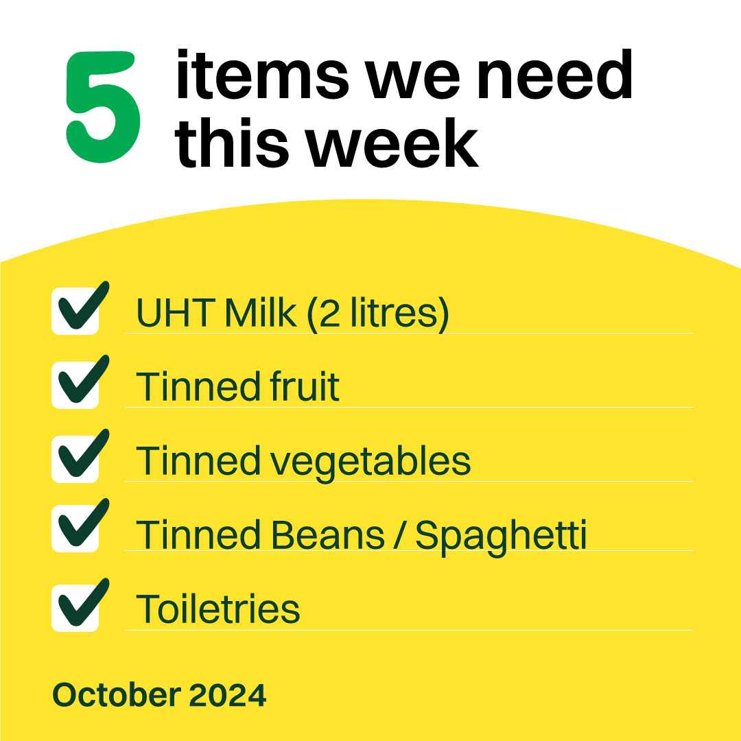 If you are doing the big shop in <a href="/Tesco/">Tesco</a> this month, we could be doing with:

- Long Life Milk
- Tinned Fruit
- Tinned Veg
- Tinned Beans/Spaghetti
- Toiletries

Ending hunger together antrim.foodbank.org.uk/.../shopping-l…