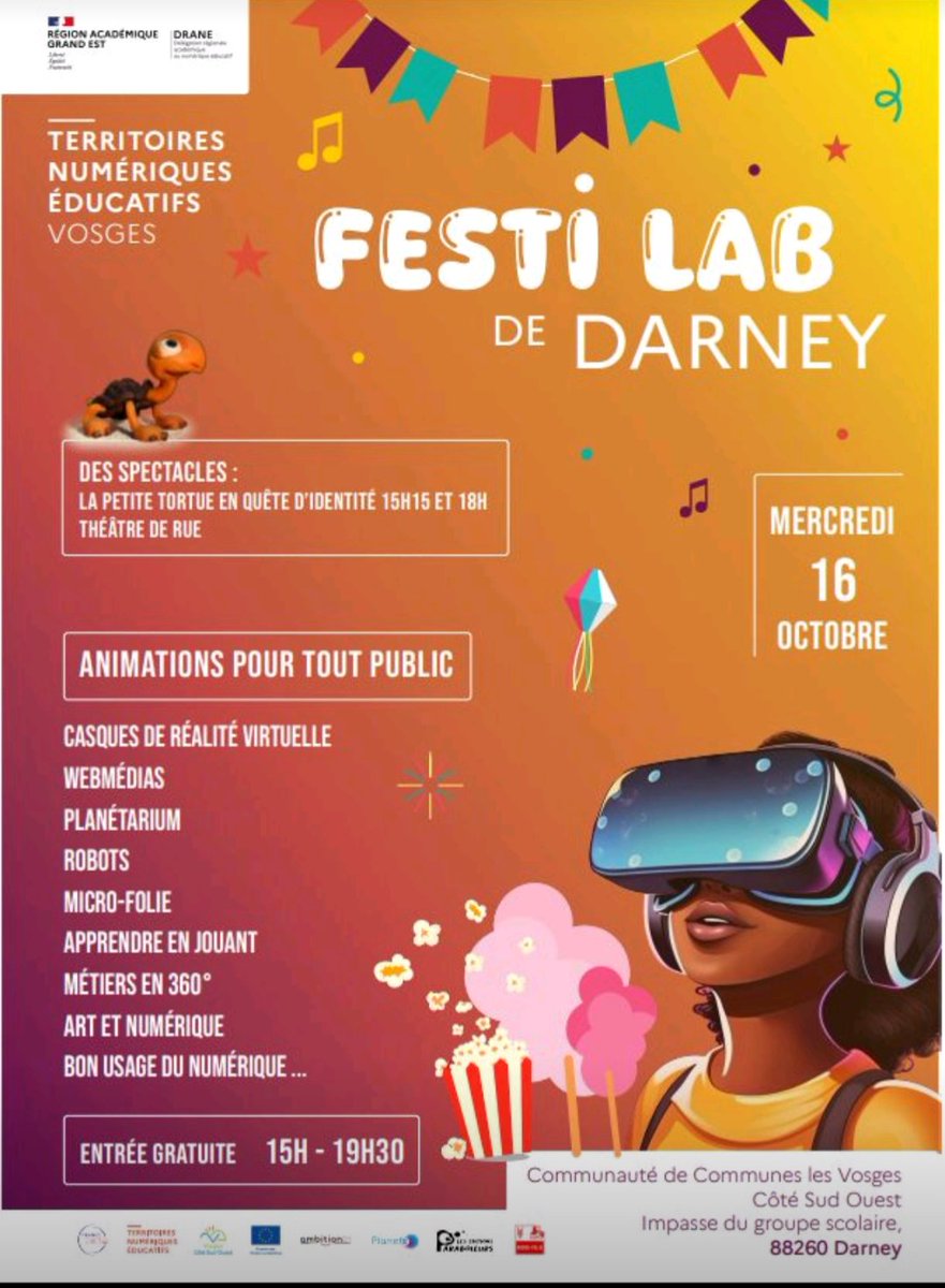 FESTILAB DARNEY
L'équipe numérique 88 animera des ateliers aux côtés des partenaires <a href="/TNE/">なんと今日Cu△</a> pour cet événement gratuit et ouvert à tous, à partir de 15h, Mercredi 16 Octobre. 
<a href="/Dsden88/">DSDEN des Vosges</a> 
<a href="/dane_nancy_metz/">DRANE Nancy-Metz</a>
