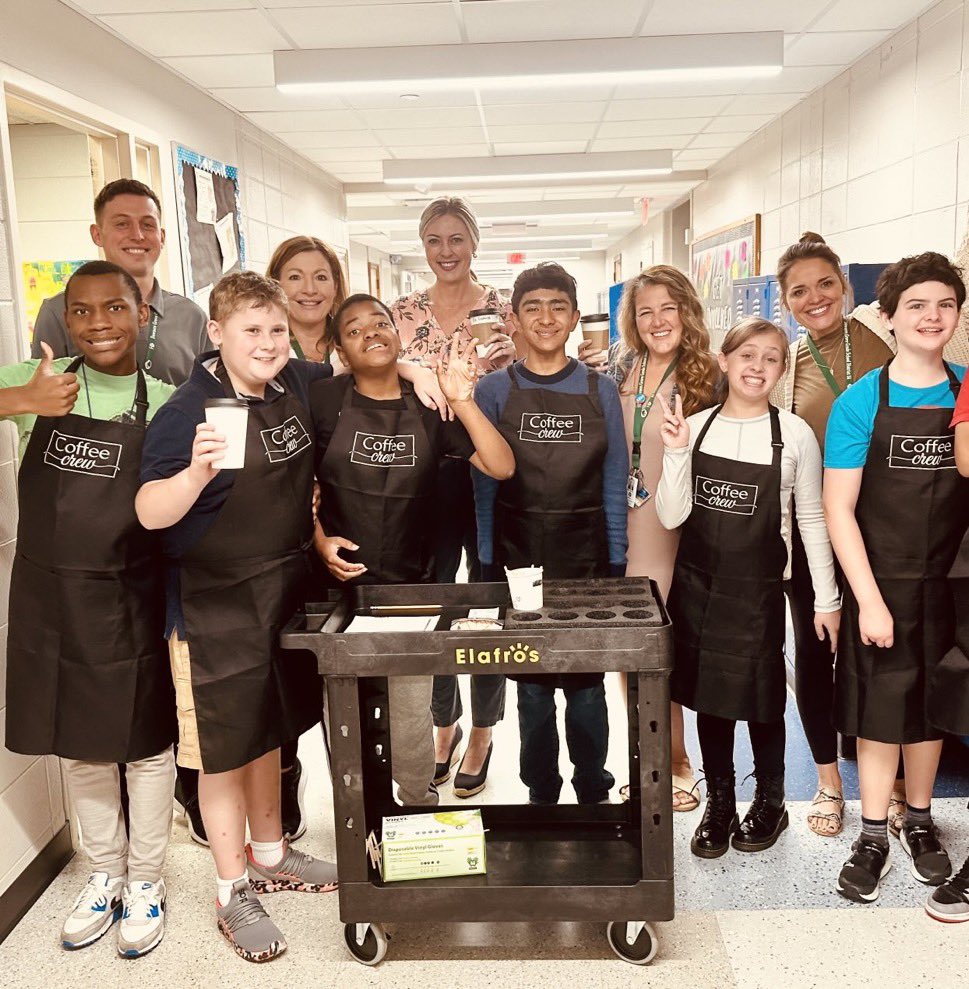 HerrickMS's tweet photo. Opening Day for our McJoynt Cafe with Mr. Klebenow’s class! We had 30 orders of hot chocolate and custom coffee for our staff. This “brew crew” did an outstanding job researching business plans and brought it to life! #dg58pride @DGDistrict58 https://t.co/kjAdKlSuHG