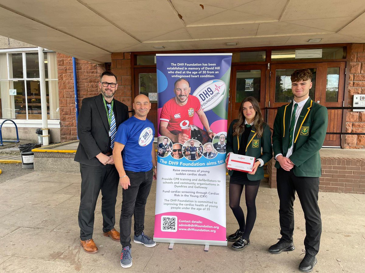DH9Foundation's tweet photo. 15 defibs delivered to 15 schools. The last two today. This also marked @rodgerphhill last day in education after 38 years. @dumfrieshigh @NWCCDumfries https://t.co/uESosrsJ4t