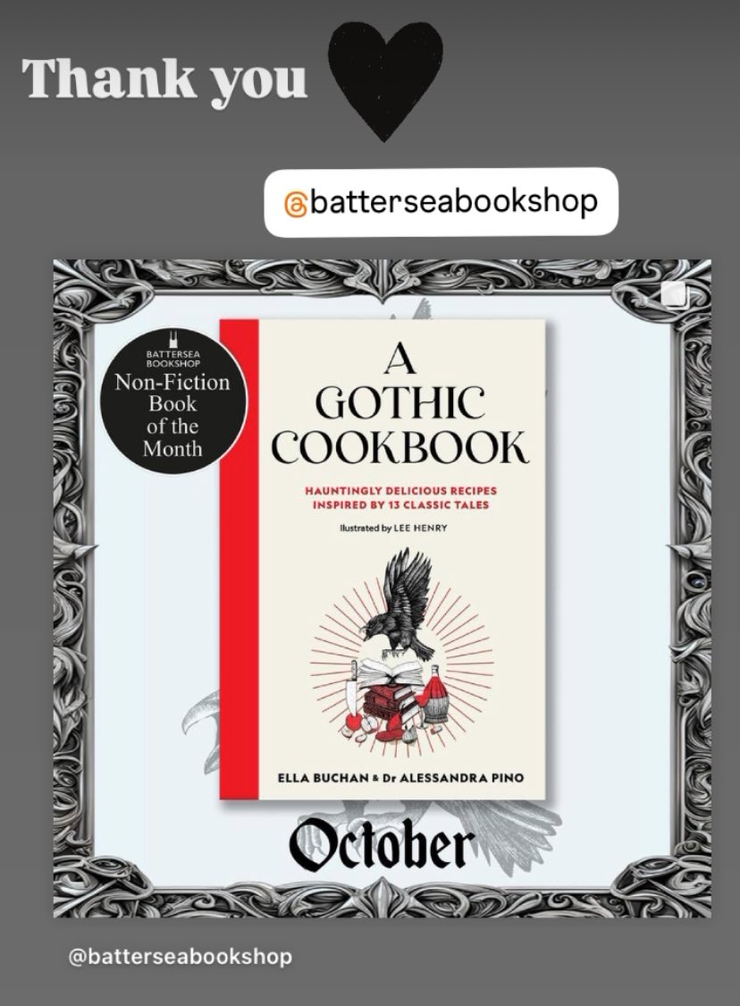 Thank you <a href="/BatterseaBooks/">BatterseaBookshop</a> 🖤 <a href="/agothiccookbook/">A Gothic Cookbook</a> is Non-Fiction Book of the Month 🔪🩸