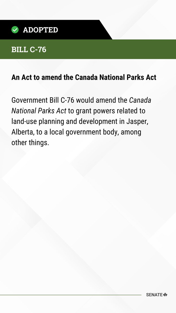 SenateCA's tweet photo. Bill #C76 has been adopted at third reading in the Senate: https://t.co/s9mspLOMyt
#SenCA #CdnPoli https://t.co/aQqw278SBW