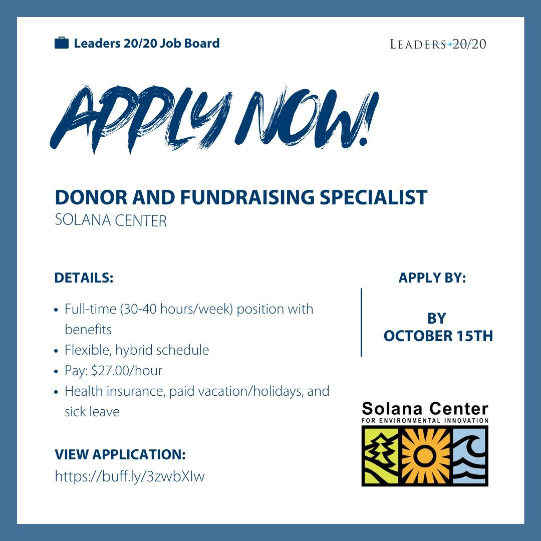 Solana Center is hiring a Donor and Fundraising Specialist

Full-time (30-40 hours/week) position with benefits
Flexible, hybrid schedule
Pay: $27.00/hour 

Apply by: October 15th, 2024

View Application:
buff.ly/3zwbXIw