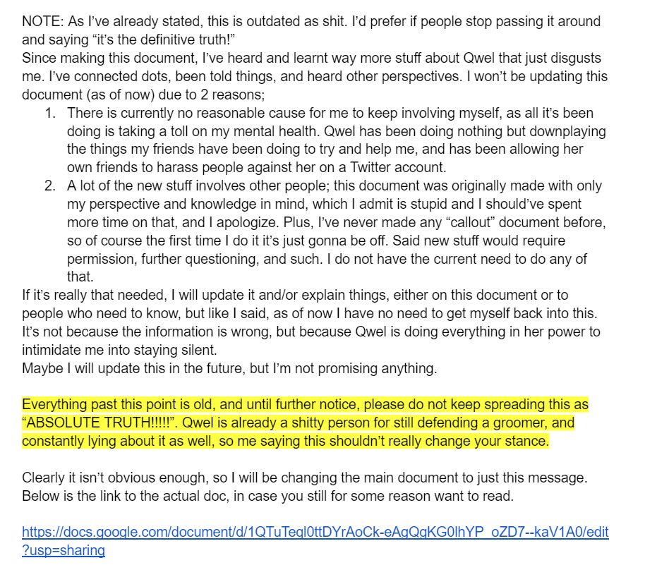 EjectPackCompny's tweet photo. @xtriel1 Admin 1 here with another update.
The entire doc was wiped and replaced with this. (see img)

Once again attempting to discredit us with a "us versus them" mentality. We aren't with Qwelver, you're just a pathological liar and egoistic. 

Source: https://t.co/Z8Mfpsw48w https://t.co/qCmNruW1BN