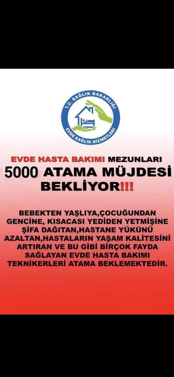 Evde Hasta Bakım Teknikerinin istihdam sorunu her geçen gün artıyor. Sahada eksiklik var bizler Sahada olmak istiyoruz.Lütfen sesimizi duyun🙏
<a href="/saglikbakanligi/">T.C. Sağlık Bakanlığı</a> <a href="/drmemisoglu/">Prof. Dr. Kemal Memişoğlu</a> <a href="/halksagligigm/">Halk Sağlığı Genel Müdürlüğü</a> <a href="/yhgmsb/">Yönetim Hizmetleri Genel Müdürlüğü</a> <a href="/tcbestepe/">T.C. Cumhurbaşkanlığı</a> <a href="/RTErdogan/">Recep Tayyip Erdoğan</a>
#EHBteknikerlerine5binatama
