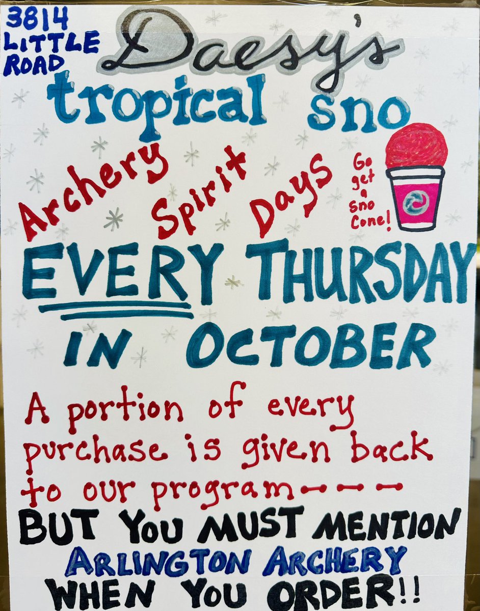 AISD ARCHERY (@arlingtonarchtx) on Twitter photo It’s Thursday which means you’d better stop by Daesy’s from 3-8 & tell them Arlington Archery sent you. 😎 <a href="/eattheyellowsno/">Daesy's Tropicsl Sno</a> It’s Thursday which means you’d better stop by Daesy’s from 3-8 & tell them Arlington Archery sent you. 😎 <a href="/eattheyellowsno/">Daesy's Tropicsl Sno</a>