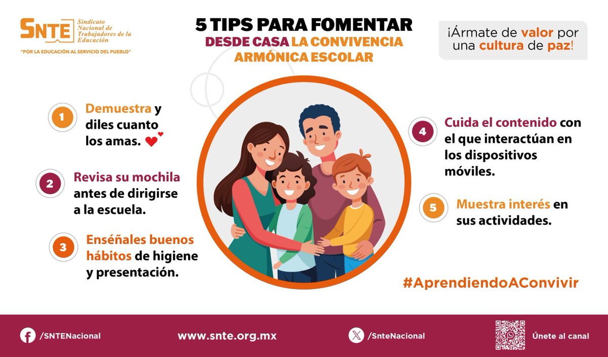 ¡Á𝕣𝕞𝕒𝕥𝕖 𝕕𝕖 𝕧𝕒𝕝𝕠𝕣 𝕡𝕠𝕣 𝕦𝕟𝕒 𝕔𝕦𝕝𝕥𝕦𝕣𝕒 𝕕𝕖 𝕡𝕒𝕫!

Desde el hogar se puede promover una convivencia saludable en la escuela. Considera las siguientes recomendaciones.🏫

#AprendiendoAConvivir