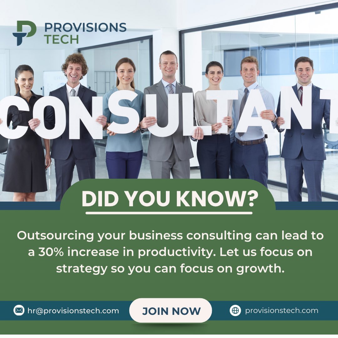 ProvisionsTech's tweet photo. Outsourcing business consulting can boost productivity by 30%! 📈✨
Ready to take the next step? Let’s grow together.
#ConsultingServices #BusinessGrowth #ProductivityBoost #ProvisionsTech #BusinessConsulting #OutsourceSmart https://t.co/jkxshosUPi