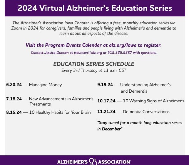Iowa GEC (@iowagec) on Twitter photo Join the Alzheimer's Association for it's next FREE program in the Alzheimer's Education series--10 Warning Signs of Alzheimer's on October 17, 2024.
Register: alz-org.zoom.us/meeting/regist…
#alzheimerscaregiver #dementia #dementiacare #dementiasupport #Alzheimer
<a href="/alzassociation/">Alzheimer's Association</a> Join the Alzheimer's Association for it's next FREE program in the Alzheimer's Education series--10 Warning Signs of Alzheimer's on October 17, 2024.
Register: alz-org.zoom.us/meeting/regist…
#alzheimerscaregiver #dementia #dementiacare #dementiasupport #Alzheimer
<a href="/alzassociation/">Alzheimer's Association</a>