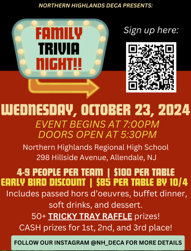 nhrhs1's tweet image. We invite you all to attend "Family Trivia Night" on 10/23!  
The proceeds will help fundraise for our DECA chapter and subsidize the costs for students who will compete at DECA’s Regional, State and International competitions. We hope to see you there! #NHDECA