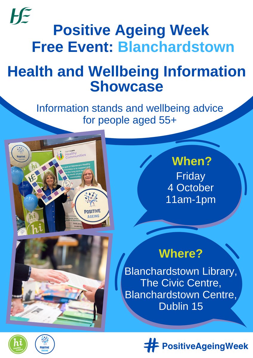 Áine O'Rourke (@aineorourke6) on Twitter photo 📣 Free event: for people aged 55+
ℹ️ Health & Wellbeing Information Showcase
⏰ Join us tomorrow, Friday 4th Oct, from 11am-1pm
📍Blanchardstown Library
🥳 Come celebrate #PositiveAgeingWeek get wellbeing advice and resources for people aged 55+. See you there! <a href="/HSECHODNCC/">HSE CHO DNCC</a> 📣 Free event: for people aged 55+
ℹ️ Health & Wellbeing Information Showcase
⏰ Join us tomorrow, Friday 4th Oct, from 11am-1pm
📍Blanchardstown Library
🥳 Come celebrate #PositiveAgeingWeek get wellbeing advice and resources for people aged 55+. See you there! <a href="/HSECHODNCC/">HSE CHO DNCC</a>