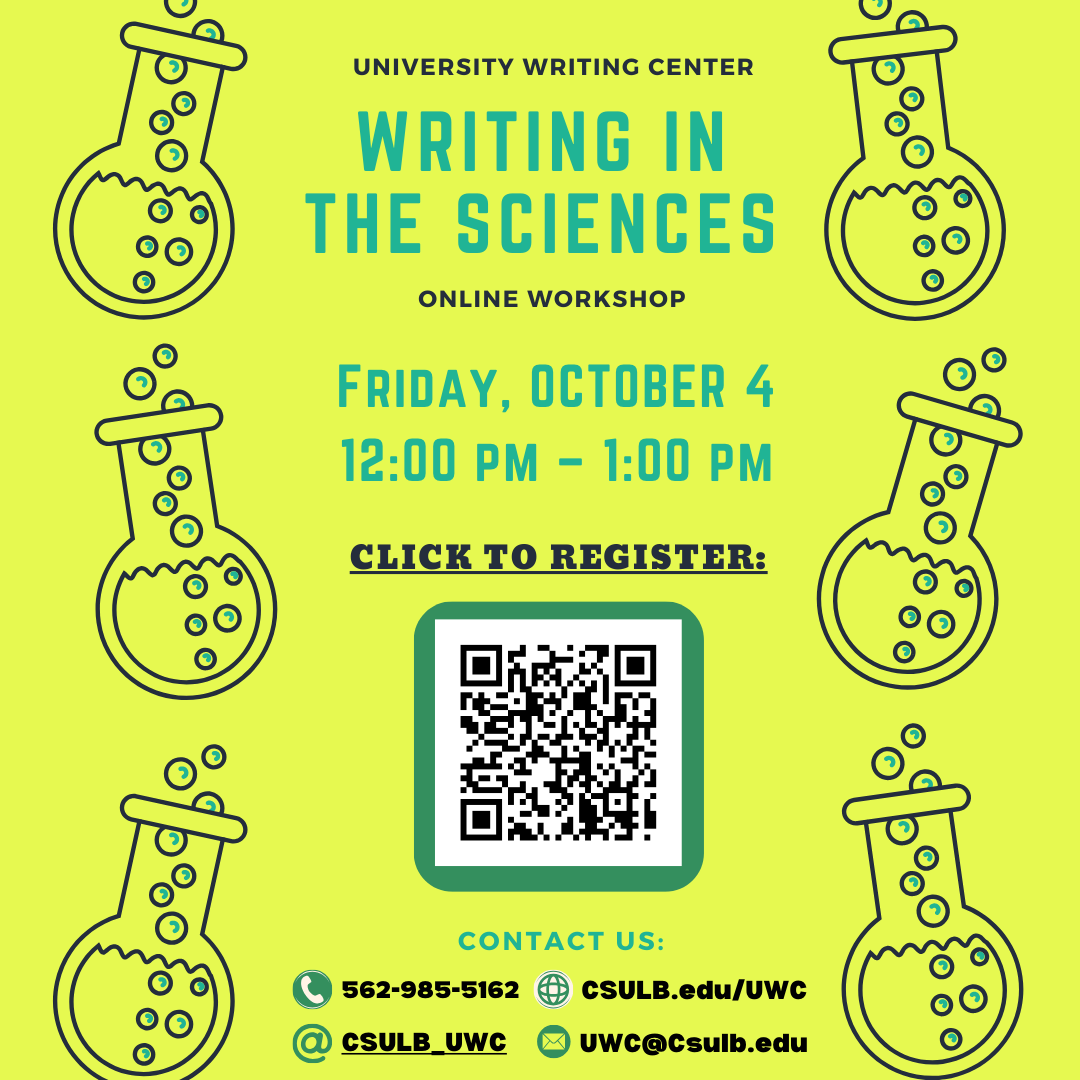 CSULB_UWC's tweet image. If you’re a student of the sciences, this workshop will help you learn the ins and outs of navigating scientific content. Details below!

📌 Writing in the Sciences Workshop on October 4 from 12pm-1pm via Zoom

csulb.qualtrics.com/jfe/form/SV_6Y…