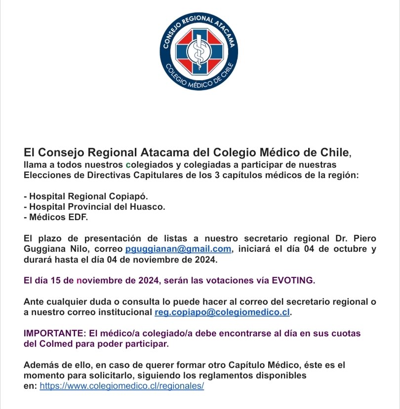ColmedAtacama's tweet photo. 📣Atención colegiados y colegiadas del @ColmedAtacama🩺. Revisa esta información acerca de nuestras próximas elecciones capitulares👇 https://t.co/uEuzqtT8zC
