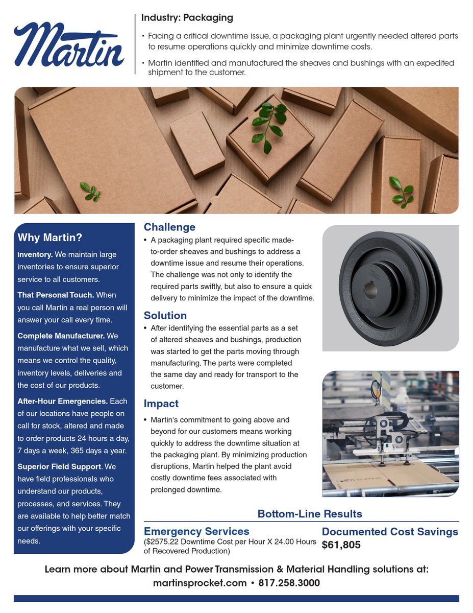 MartinSprocket's tweet image. Martin’s commitment to going above and beyond for our customers means working quickly to address the downtime situation at this packaging plant.

#martin #powertransmission #synchronous #sprockets #bushings #expedite