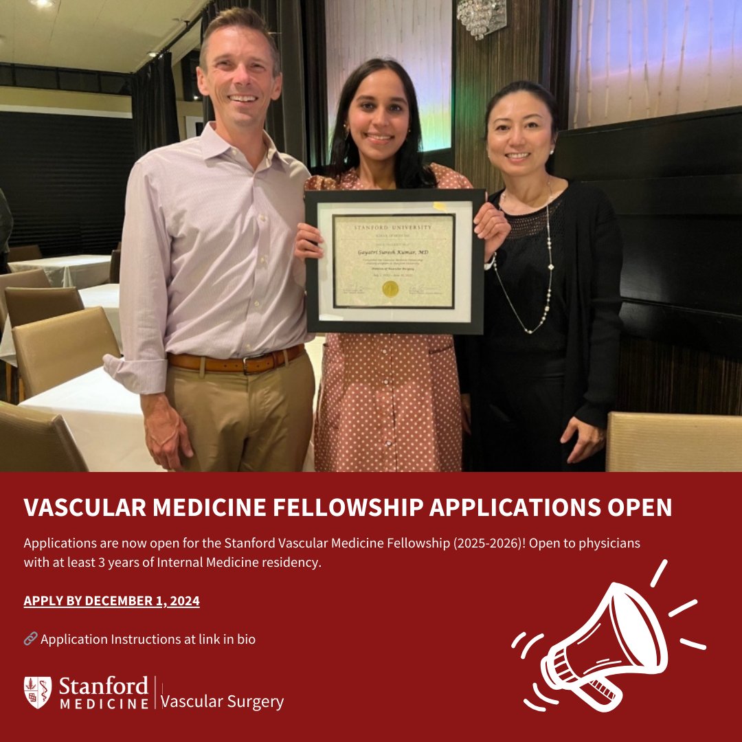 🩺 Applications are now open for the Stanford Vascular Medicine Fellowship (2025-2026)! Open to physicians with at least 3 years of Internal Medicine residency. Apply by December 1, 2024. 

🔗 Application Instructions: vascular.stanford.edu/education/vasc…