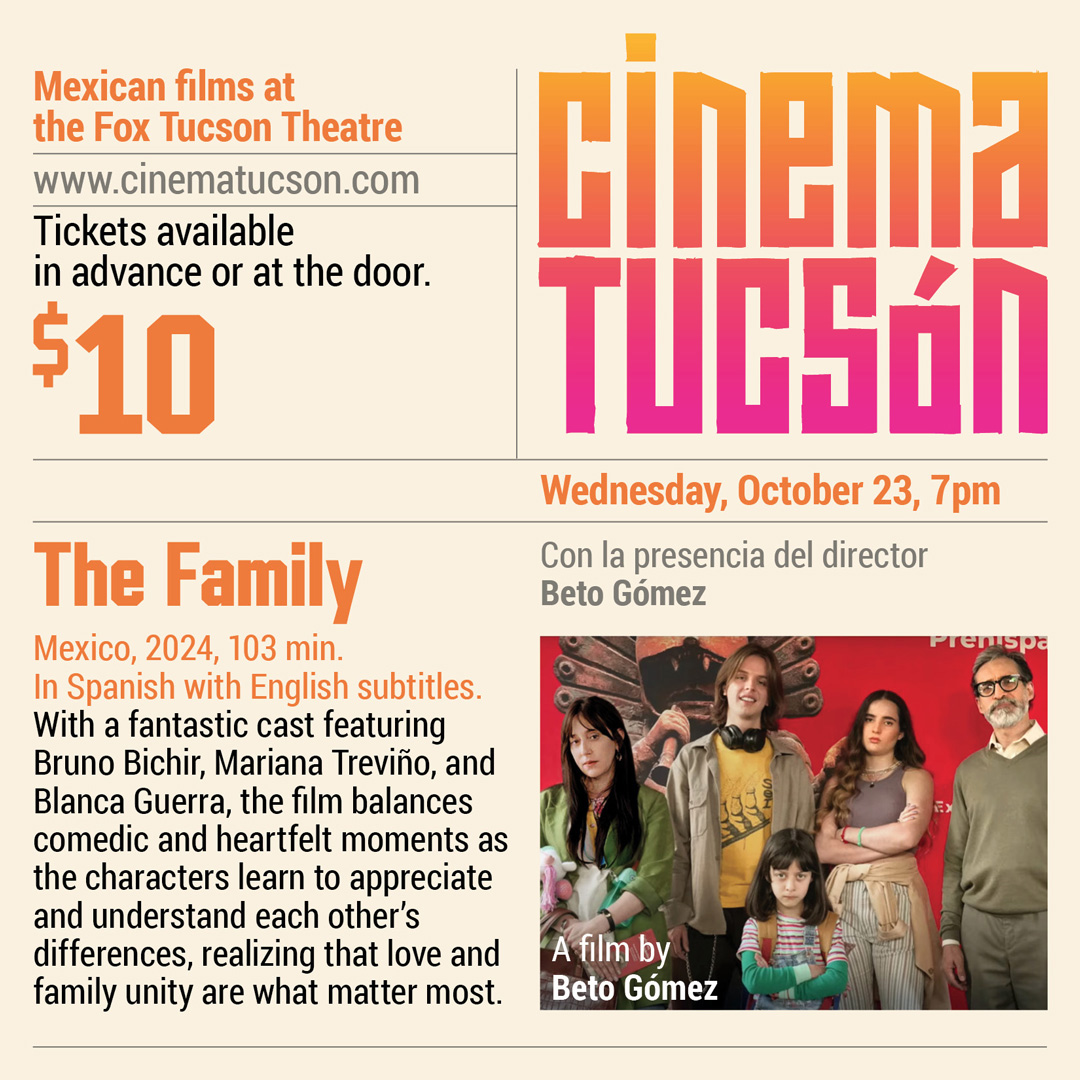 UAZ_CLAS's tweet image. 📽️Join us for the Cinema Tucsón film screening of The Family (Caras Vemos) on Wednesday, Oct. 23 at Fox Tucson Theatre, starting at 7pm.

For more information click the link below:
shorturl.at/QO12n