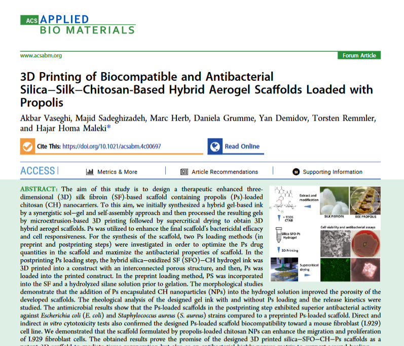 A new research paper conducted by Dr. Akbar Vaseghi during  his research visit in my lab! Here, we explored development of  3D-printed silk-based aerogels integrated with chitosan-loaded propolis,  forming a promising antibacterial and biocompatible matrix for wound  healing