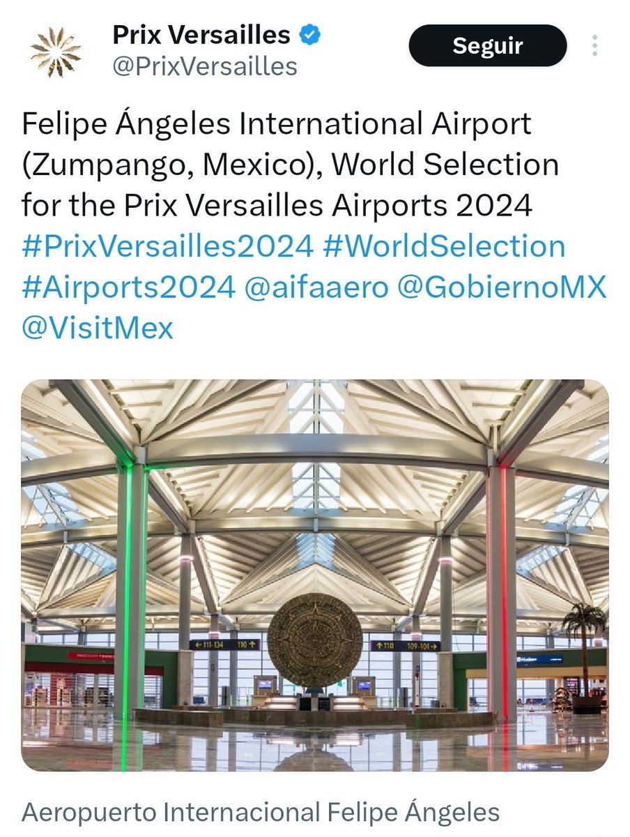 catrina_nortena's tweet photo. #ClaudiaPresidenta 
🚨 GANA #AIFA PREMIO como el Aeropuerto más Bonito del Mundo

Este premio fue dado por el Grupo de Arquitectura Internacional @PrixVersailles y fue compartido con los aeropuertos de Abu Dabi, Singapur, Tailandia y Boston.

NO le vayan a dar RT que le va a dar CHORRILLO a @CarlosLoret que decía que los aviones no podían volar porque había cerros...