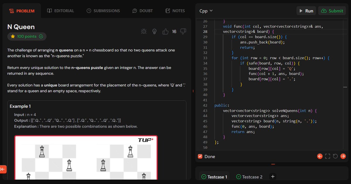 akshkumart's tweet image. Day 137:
TUF+ Q. N Queen (recursion)

#200daysofcodechallenge #connect