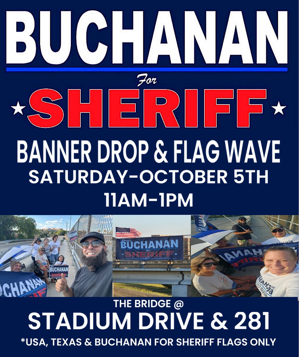 _BeyondTheMasks's tweet image. 🚨All hands on deck patriots🇺🇸
Join Team Buchanan this Saturday October 5th 11am-1pm as we #BannerDrop &amp;amp; Flag Wave for #BuchananForSheriff @VoteBuchanan 🇺🇸
Details attached to flyer below.
Hope to see you there!
#FireSalazar #MakeSanAntonioSafeAgain
