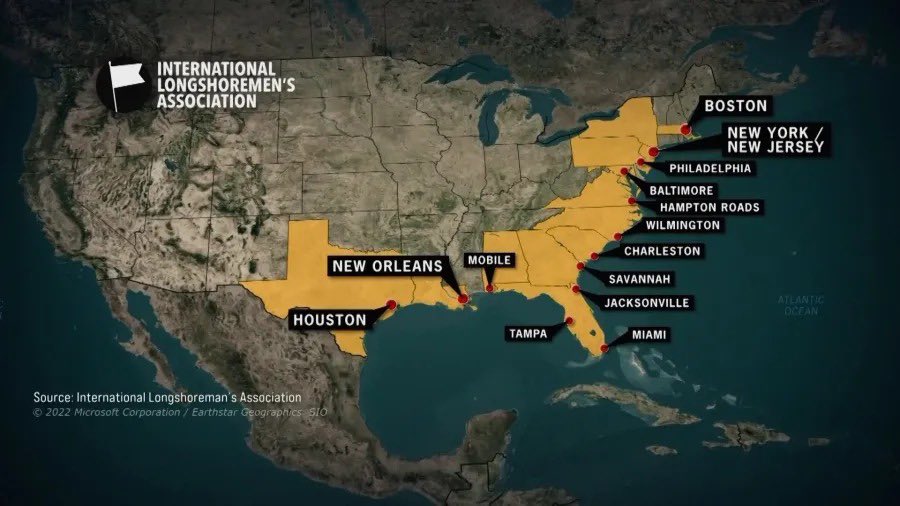 Este es el mapa de los principales puertos de la costa este de Estados Unidos que están en huelga. 

Se avecina una cadena de desabastecimiento, compras de pánico y la región latinoamericana se puede ver impactada lamentablemente. 🚨‼️