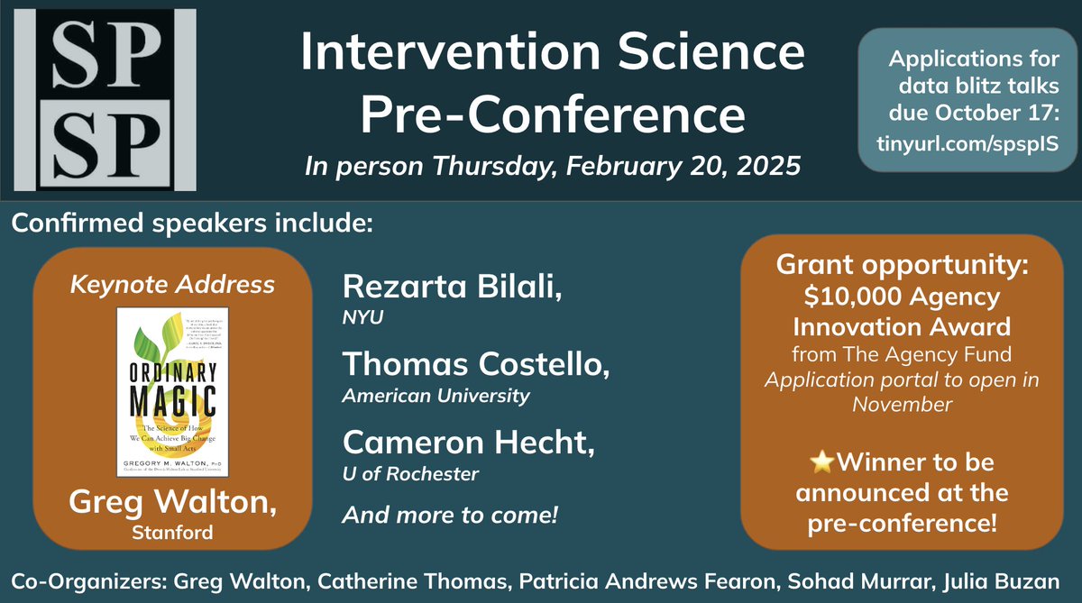 Catherine Thomas (@catcthomas) on Twitter photo Join us for the Intervention Science Preconference at SPSP!
🔊Data blitz applications are due Oct 17.
💰I'm excited to announce that this year we are partnering with <a href="/TheAgencyFund/">The Agency Fund</a> to award $10,000 for research on agency-based interventions for social impact (apps open in Nov)! Join us for the Intervention Science Preconference at SPSP!
🔊Data blitz applications are due Oct 17.
💰I'm excited to announce that this year we are partnering with <a href="/TheAgencyFund/">The Agency Fund</a> to award $10,000 for research on agency-based interventions for social impact (apps open in Nov)!