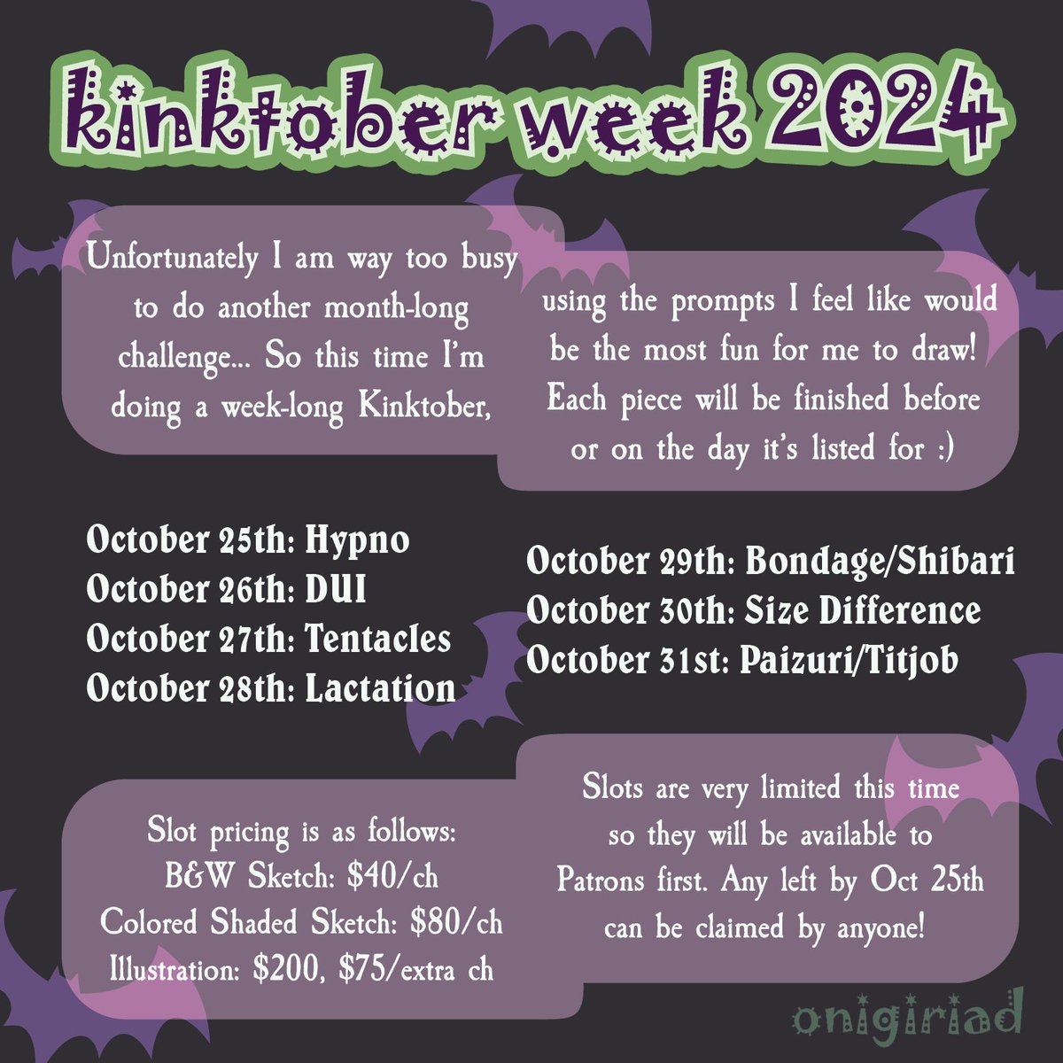 onigiriAD's tweet photo. ohemgee its october so everyone and your mom is doing kinktober. me too but im tired. so. introduciiiiing kinktober WEEK!!!! yay! all the benefit of kinktober with a fraction of the stress!! + art examples for each tier for ya 🥺💜 https://t.co/uNTAdMN910