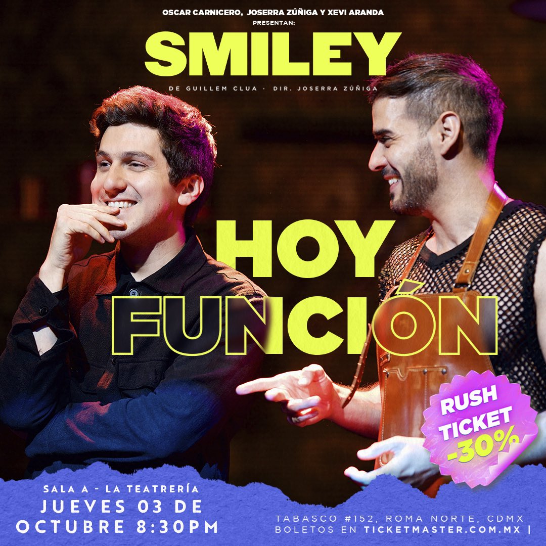 Hoy hay función de #SMILEY 🔥 

Aprovecha el rush ticket en taquilla y ven a ver esta función única con <a href="/sergiovelascogl/">Sergio Velasco</a> y <a href="/jerryvelazquez/">Jerry Velázquez</a> 😍

Compra tus boletos y ven a conocer la magia del hilo rojo del destino💖 

🗓️Jueves, 8:30 pm 
🎟️Promoción válida en taquilla